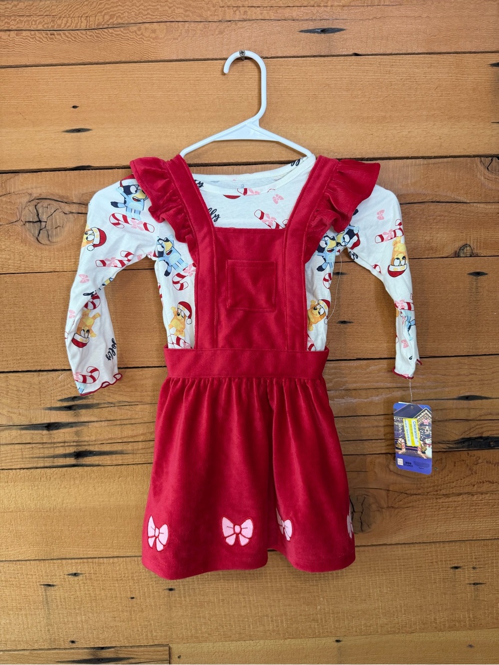 Red Velvet Pinafore Dress with Holiday Print Top